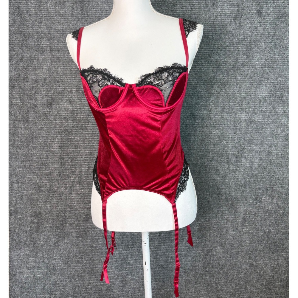 Fredrick's of Hollywood Red Velvet Lace Bustier Corset Garter Lingerie Teddy Med